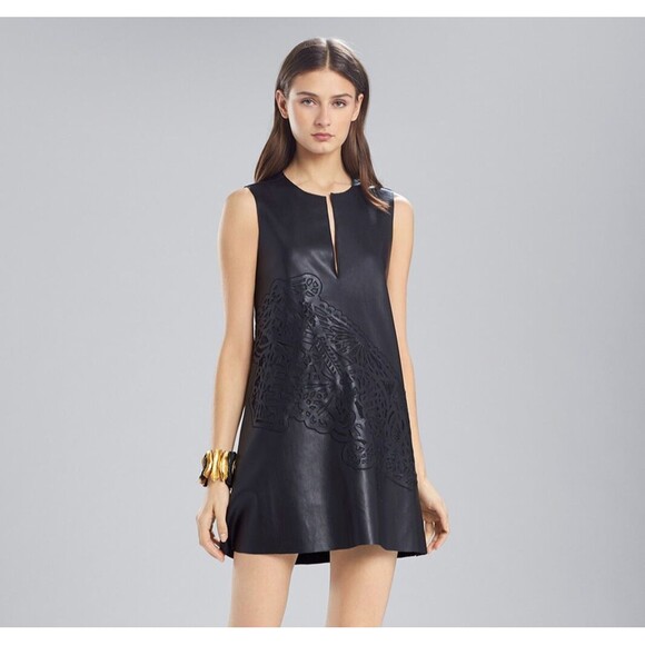 Natori Dresses & Skirts - JOSIE NATORI Black Faux Leather Mini Dress Lase Cut Design Size 4 NWT